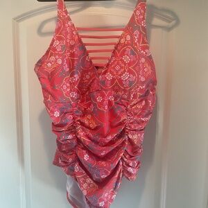 Torrid Coral Pink Floral Ruched One-Piece Swimsuit 2 (16-18) New